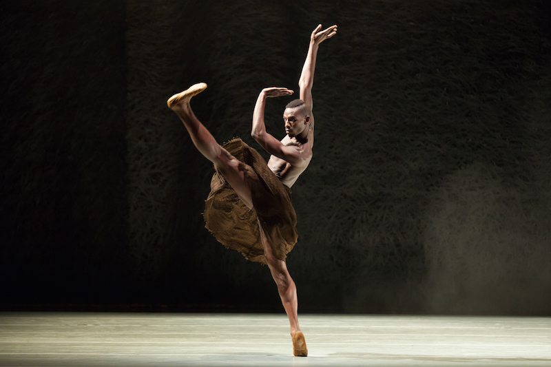 A shirtles male dancer extends his leg high into the air with his foot flexed while on relve. 